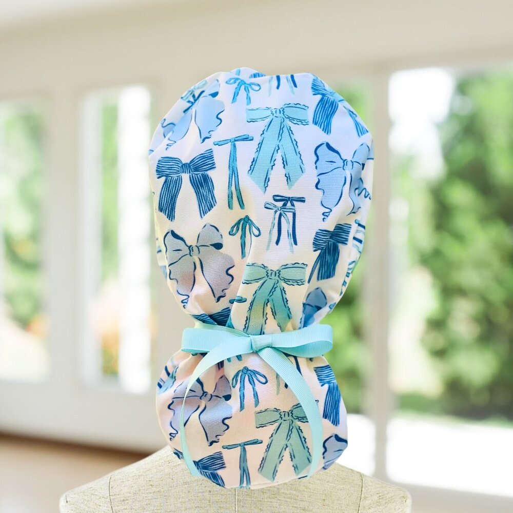 Premium Blue Bows~ Ponytail Scrub Cap, Surgical Hat, OR, CNA, gift
